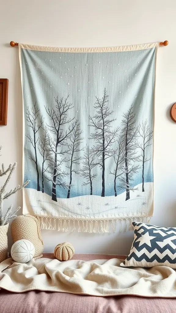 A wall hanging depicting a winter scene with trees and snowflakes, displayed in a cozy living room setting.