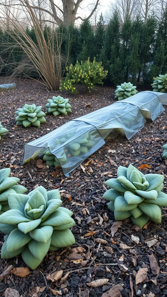 A winterized perennial flower bed with green plants covered by protective mesh and dark mulch.