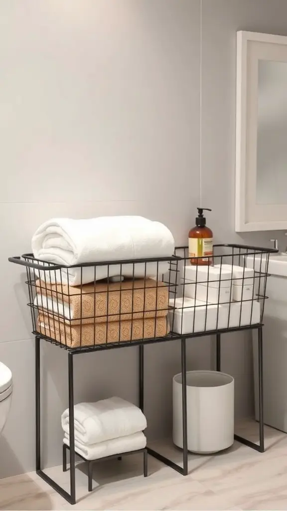 19 Creative DIY Storage Box Ideas You Need to Try 11 A stylish wire basket storage setup with towels and toiletries in a bathroom.