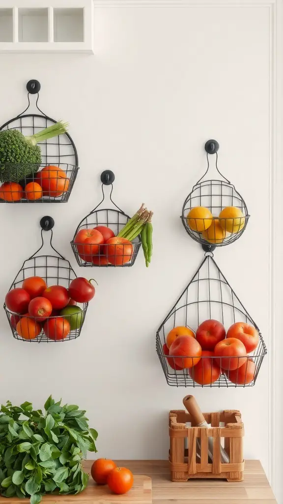 21 Creative Wall Storage Ideas to Maximize Your Space 8 Wall-mounted wire baskets filled with fruits and vegetables in a kitchen setting.