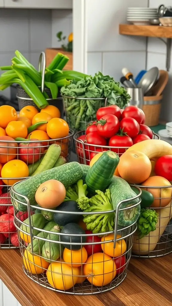 19 Affordable Dollar Tree Kitchen Organization Ideas You Need to Try 16 Wire baskets filled with colorful fruits and vegetables in a kitchen setting