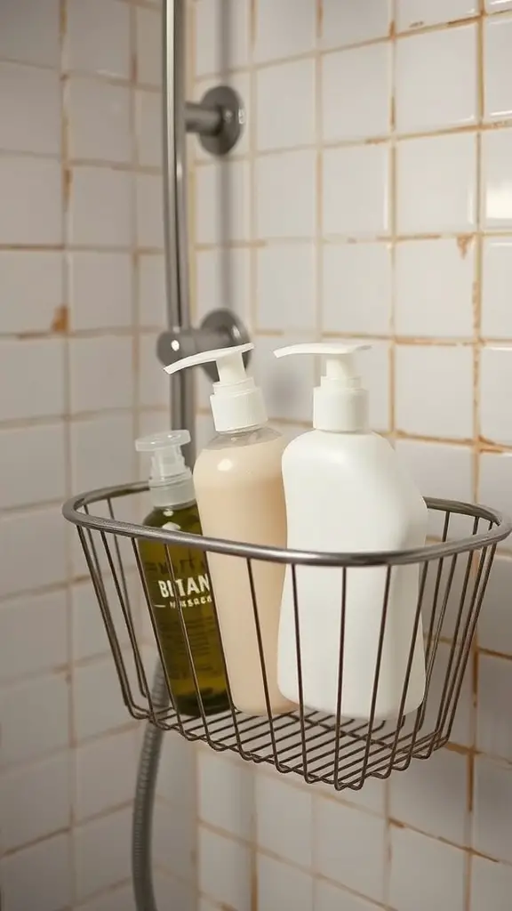 19+Stylish and Functional Shower Caddy Ideas to Organize Your Space 11 Wire shower basket with three bottles of shampoo and body wash