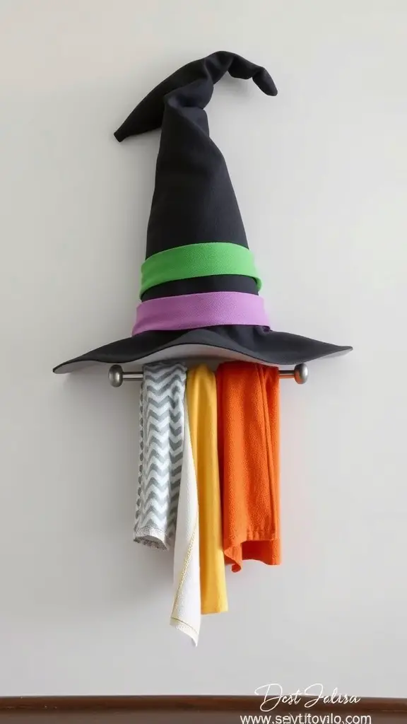 29 Spook-tacular Halloween Bathroom Decor Ideas 5 A decorative towel rack shaped like a witch hat, featuring colorful bands and hanging towels.