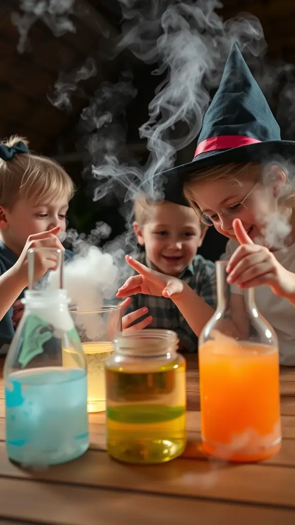 Children mixing colorful potions in jars during a Halloween birthday party activity.