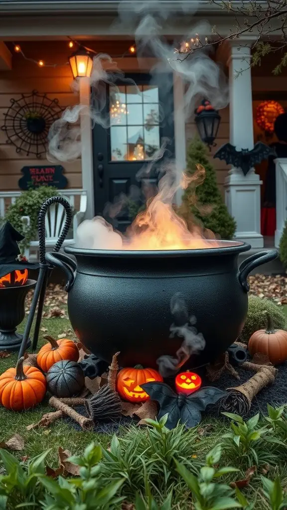 A large black cauldron with smoke, surrounded by glowing jack-o'-lanterns and Halloween decorations.