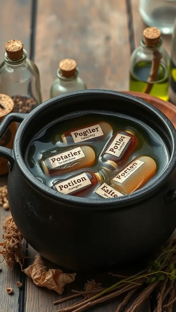 A black cauldron filled with green liquid and potion bottles, surrounded by herbs and dried leaves.
