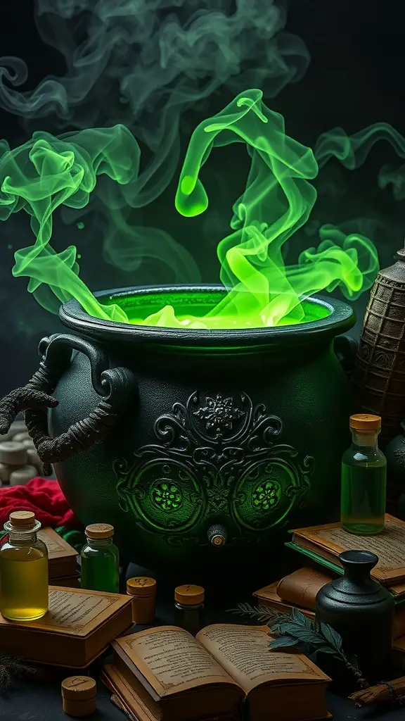 A bubbling green cauldron surrounded by potion bottles and spell books, creating a spooky Halloween display.