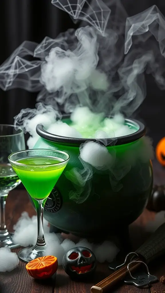 A bubbling cauldron with green liquid and smoke, surrounded by cocktail glasses and Halloween decorations.