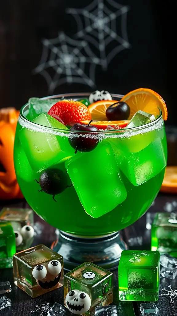 21 Spooktacular Halloween Party Ideas for a Frightfully Fun Celebration 14 A vibrant green punch bowl filled with ice, fruits, and spooky ice cubes for Halloween.