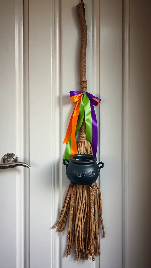 A decorative witch's broomstick with colorful ribbons and a small black cauldron hanging on a door.