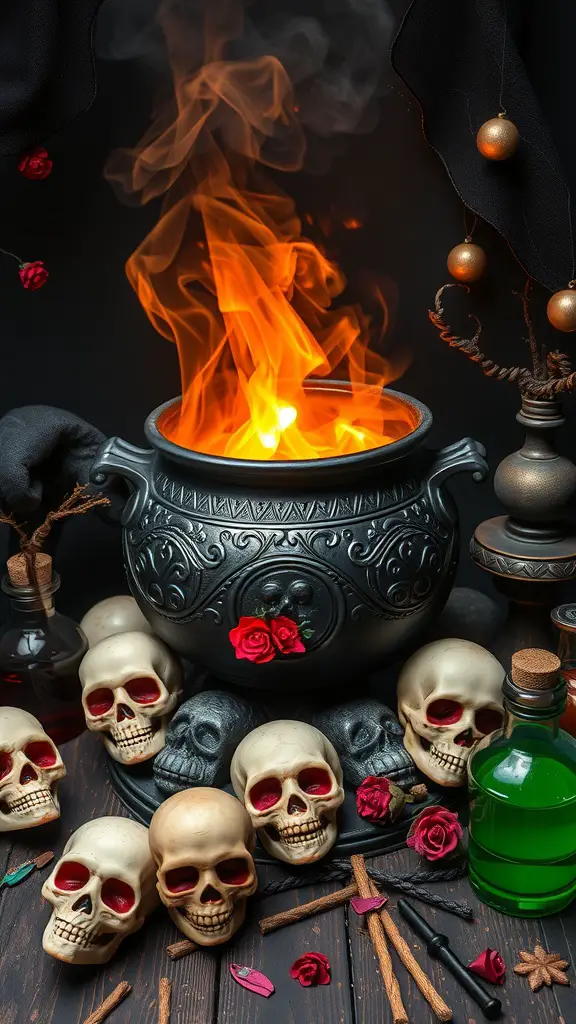 A bubbling witch's cauldron surrounded by skulls and potion bottles, creating a spooky Halloween centerpiece.