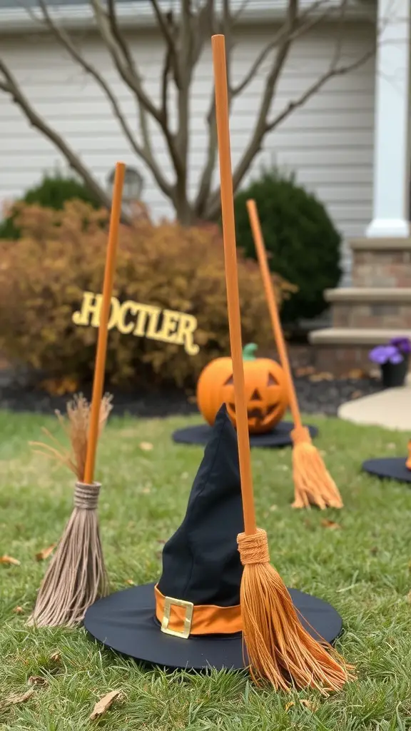 Outdoor Halloween decorations featuring witch's hats and broomsticks with a carved pumpkin in the background.