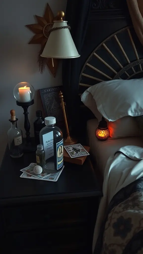 A cozy bedside table with candles, vintage bottles, tarot cards, and warm lighting, creating a witchy aesthetic.