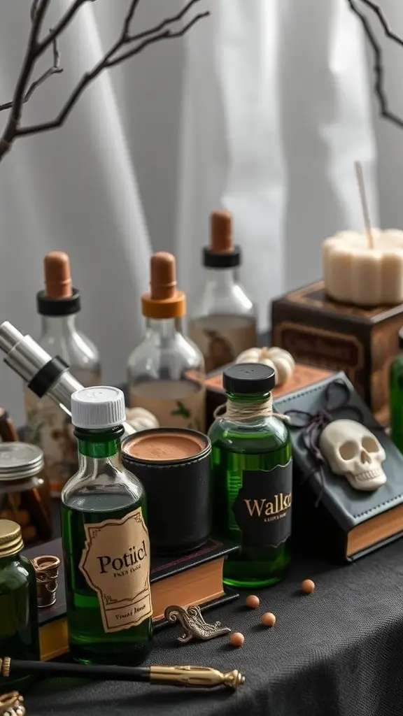A collection of potion bottles and candles on a table, creating a witchy wedding theme.