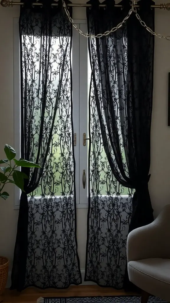 Black lace curtains hanging in a window, creating a witchy atmosphere.