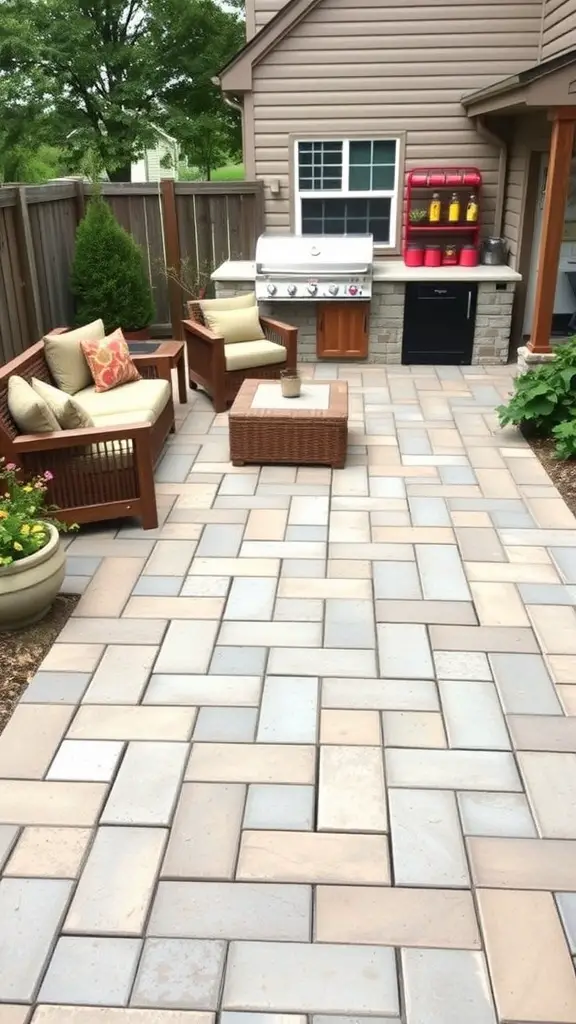 29 Stunning Outdoor Paver Patio Ideas to Transform Your Backyard 13 A cozy outdoor patio featuring wood-look pavers, comfortable seating, and a grill area.