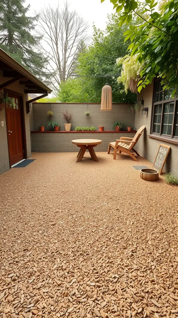 27 Affordable Patio Floor Ideas That Transform Your Outdoor Space 16 A patio floor covered with wood chips, featuring wooden furniture and greenery.