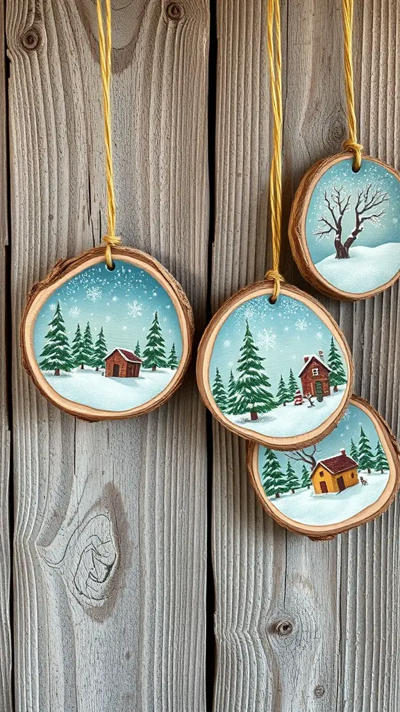 Wood slice ornaments with winter scenes hanging on a wooden background