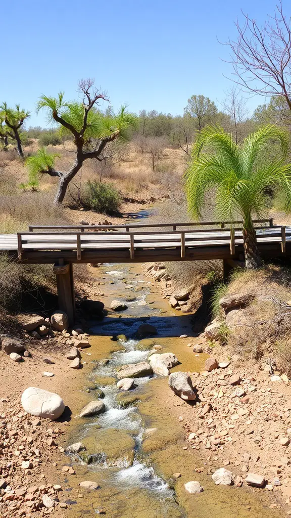 23 Stunning Dry Riverbed Landscaping Ideas to Transform Your Outdoors 7 A wooden bridge over a dry riverbed with trees and rocks surrounding it.