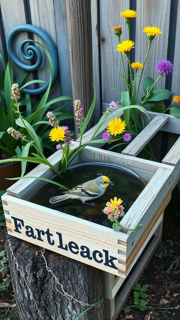A wooden crate bird bath with a yellow bird and colorful flowers.