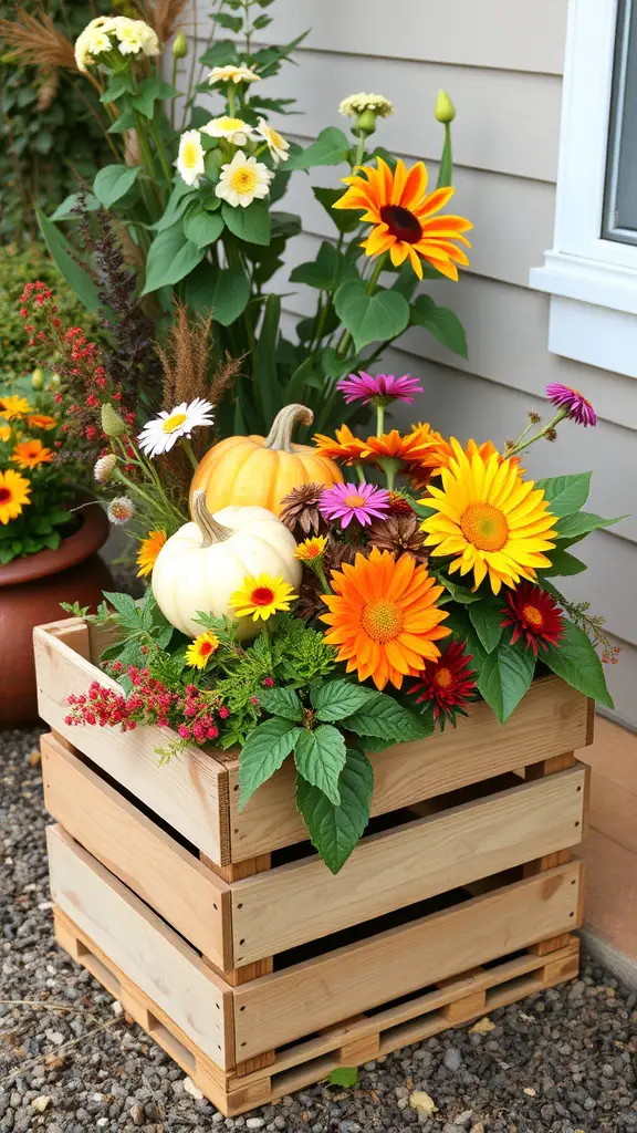 21 Gorgeous Fall Planters to Brighten Your Garden 2 A wooden crate filled with colorful flowers and pumpkins, showcasing a fall garden display.