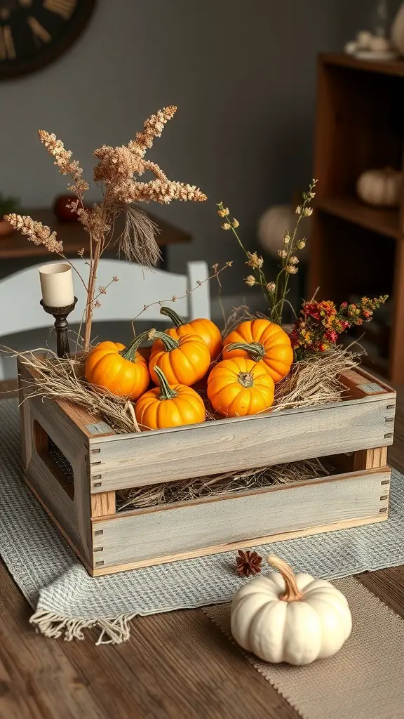 17 Stunning Fall Centerpieces for Your Dining Table 2 A wooden crate filled with orange pumpkins, hay, and dried flowers, set on a table.