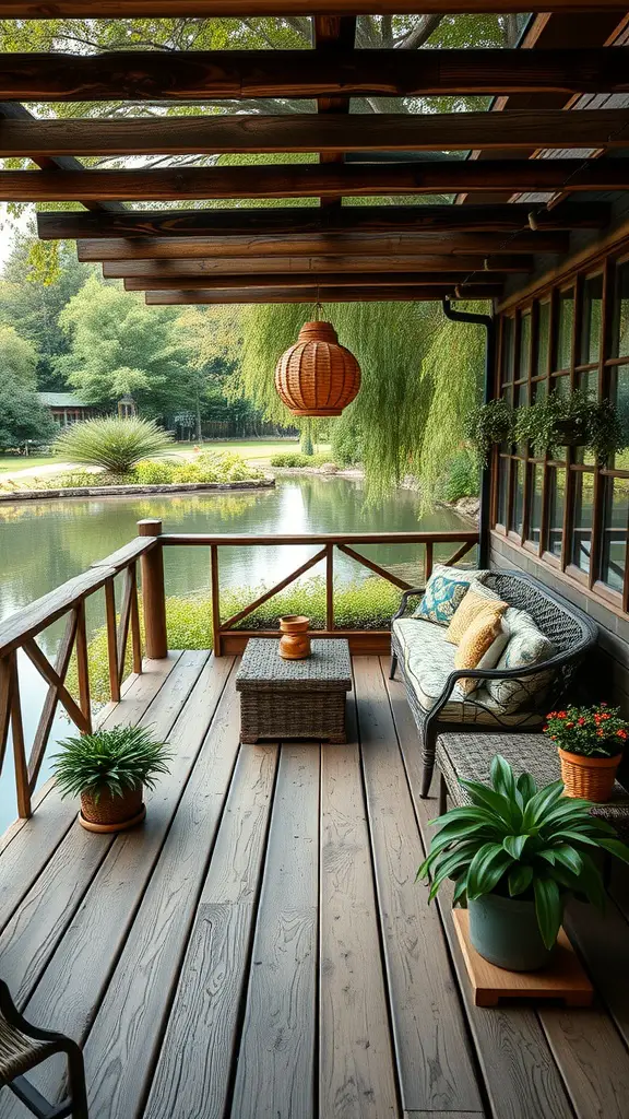 21 Stunning Pond Landscaping Ideas to Transform Your Backyard 2 A wooden deck overlooking a pond with seating and plants