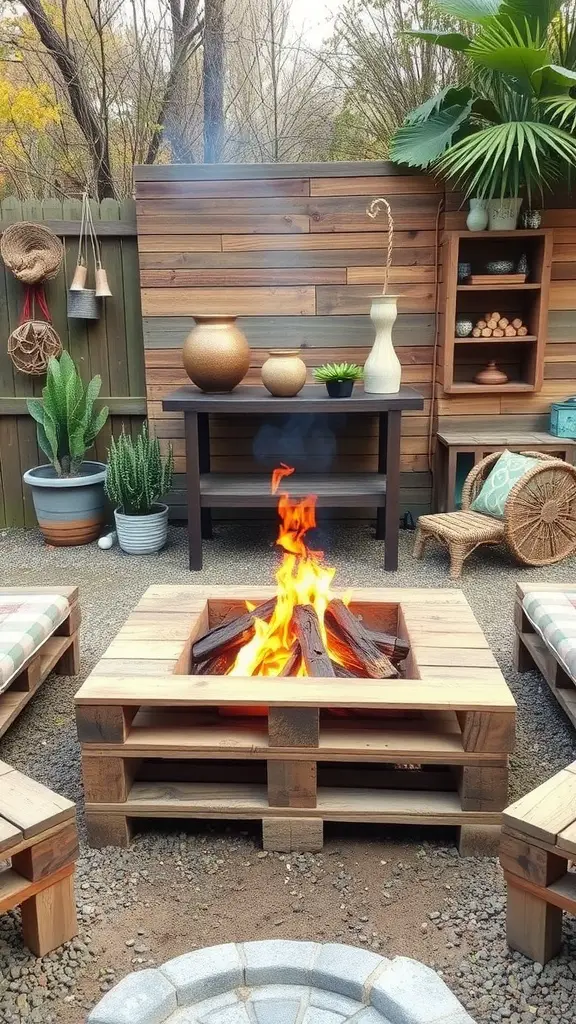 17 Creative DIY Fire Pit Ideas for Your Backyard 13 A cozy outdoor space featuring a wooden pallet fire pit surrounded by seating and decorative plants.