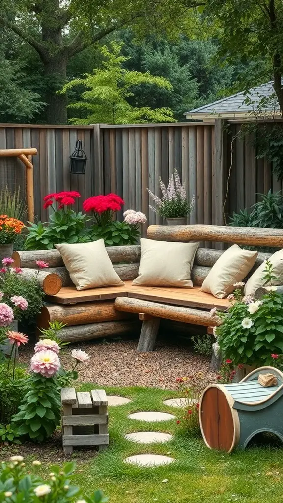 A cozy wooden seating area in a garden, featuring a log bench with cushions surrounded by colorful flowers and stepping stones.