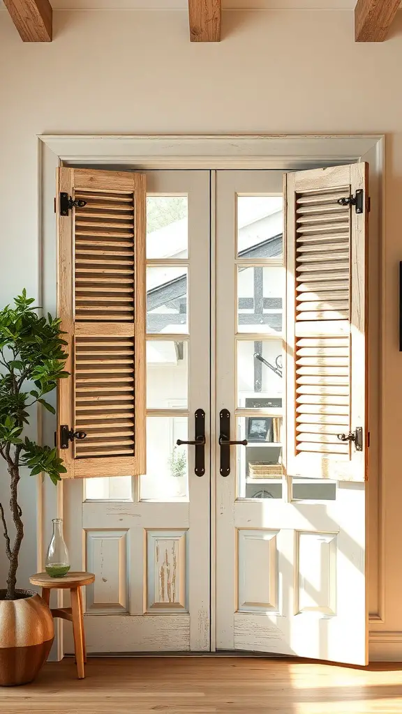 21 Creative French Door Privacy Ideas for Your Home 4 Wooden shutters on French doors, enhancing rustic charm with natural wood tones.