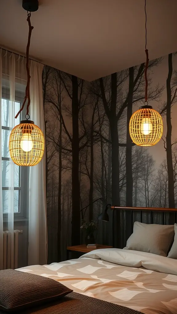Woodland-themed bedroom with woven pendant lights and forest wallpaper.