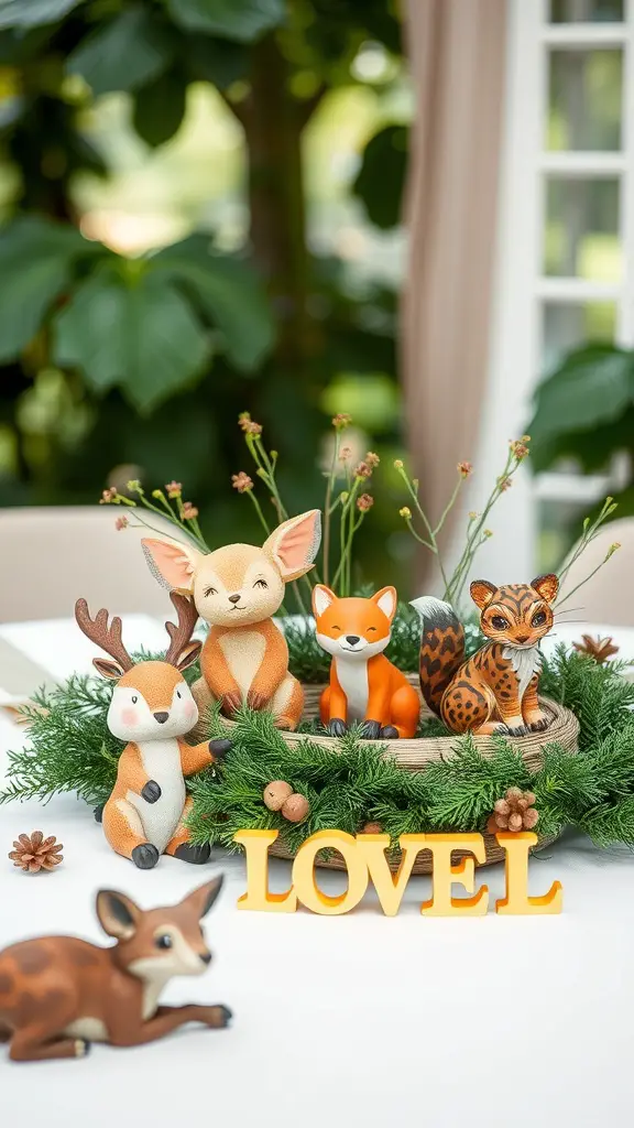 21 Adorable Baby Shower Table Centerpieces for Your Celebration 12 A woodland creature centerpiece featuring animal figurines and greenery with the word 'LOVE'.