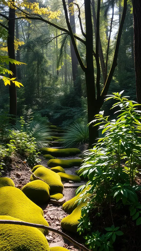 A tranquil woodland garden with a moss-covered pathway and lush shade plants.