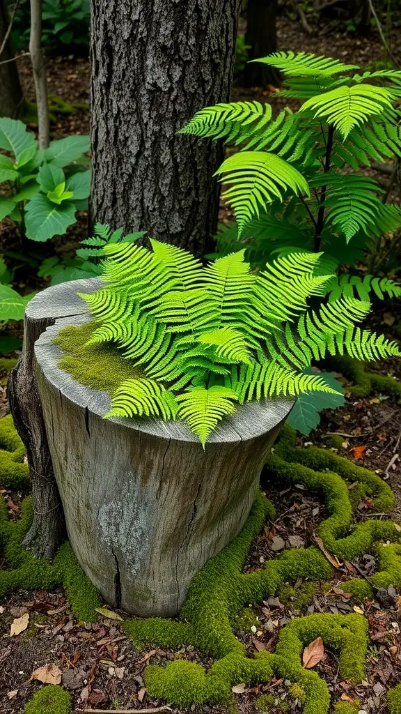 A tree stump planter with vibrant green ferns growing on top, surrounded by moss and other plants.
