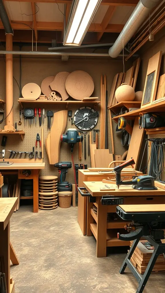 A well-organized woodworking shop with tools displayed on the walls and wooden materials on shelves.