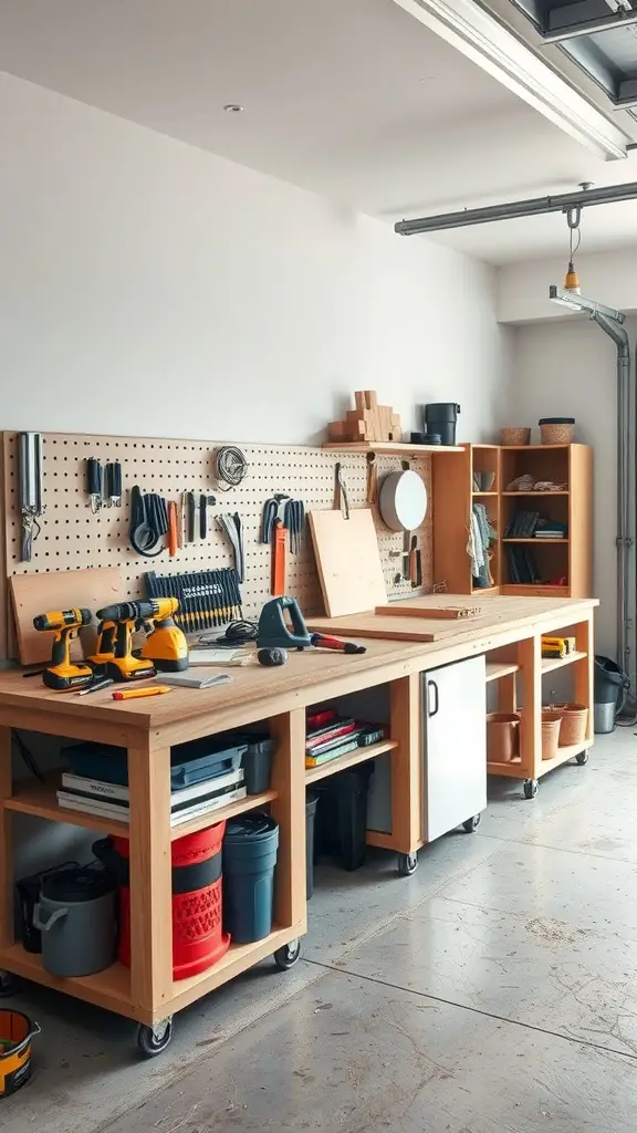 37+Genius Ideas for Garage Storage Organization 15 A well-organized workbench with tools on a pegboard and storage bins underneath.