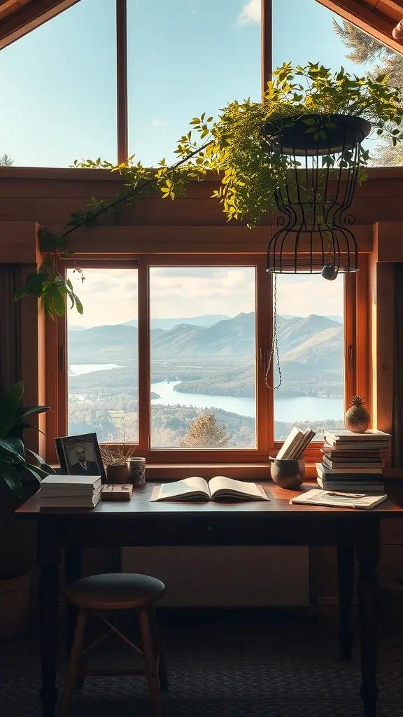 A cozy writing retreat with a wooden desk, books, and large windows showcasing a mountain view.