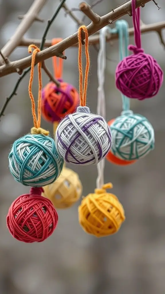Colorful yarn-wrapped ball ornaments hanging from a branch