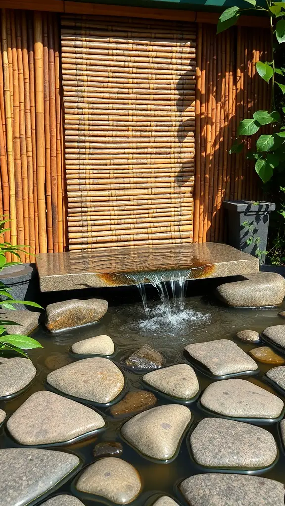 A Zen bamboo water feature with a stone slab and smooth pebbles, surrounded by greenery.