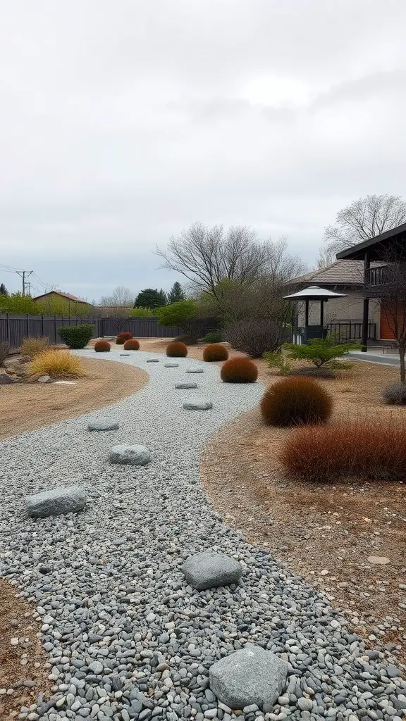 23 Stunning Dry Riverbed Landscaping Ideas to Transform Your Outdoors 17 A dry riverbed landscape featuring a winding path of gravel and smooth stones, surrounded by rounded bushes and a modern house.
