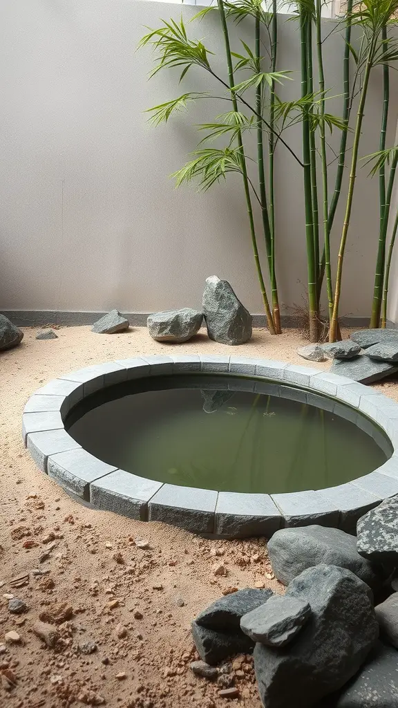 21+ Unique Stock Tank Pool Ideas for Your Backyard Oasis 9 A circular pool surrounded by bamboo and stones in a Zen garden setting.