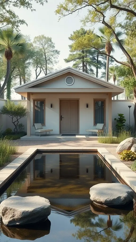 23 Inspiring Garden House Ideas for Your Outdoor Oasis 16 A serene Zen garden house with a calm water feature and lush greenery