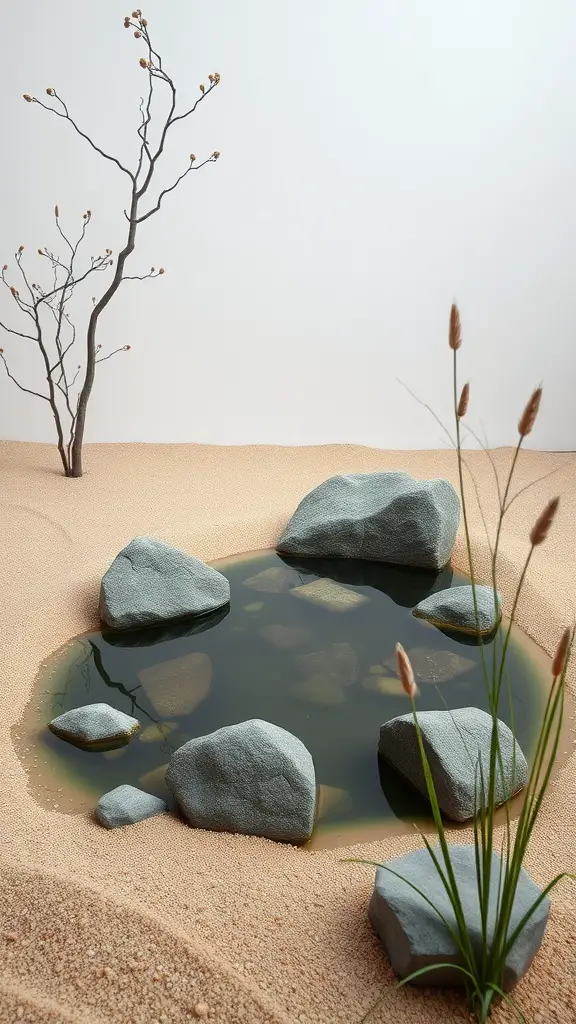 21 Stunning Pond Landscaping Ideas to Transform Your Backyard 4 A serene pond in a Zen garden with smooth stones and gentle grasses.