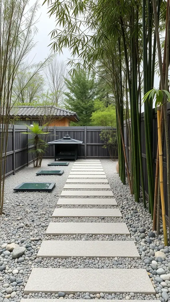 19 Stunning Paver Pathway Ideas to Transform Your Garden 12 A serene Zen garden pathway with large pavers, smooth pebbles, and bamboo.