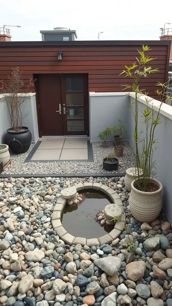 27 Stunning Rooftop Patio Designs for Your Outdoor Oasis 10 A rooftop patio designed as a Zen garden with pebbles, a small pond, and potted plants.