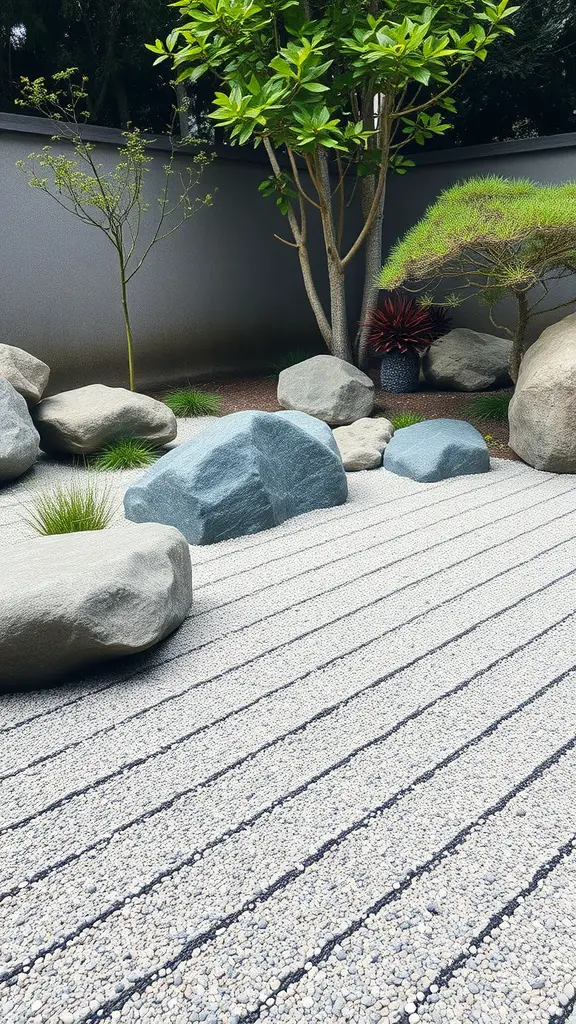 A serene Zen garden featuring raked gravel, rocks, and lush greenery.