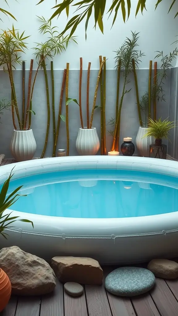 A serene inflatable pool surrounded by bamboo plants and decorative stones, creating a calming meditation space.