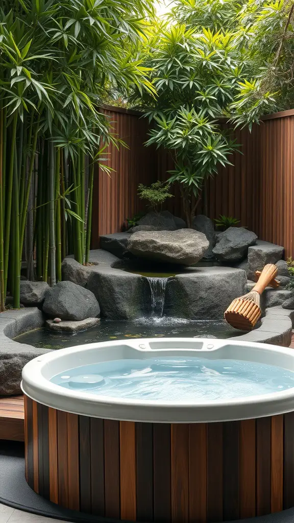21 Amazing Hot Tub Backyard Ideas for Your Outdoor Oasis 16 A tranquil backyard with a hot tub surrounded by bamboo and rocks, featuring a small waterfall.