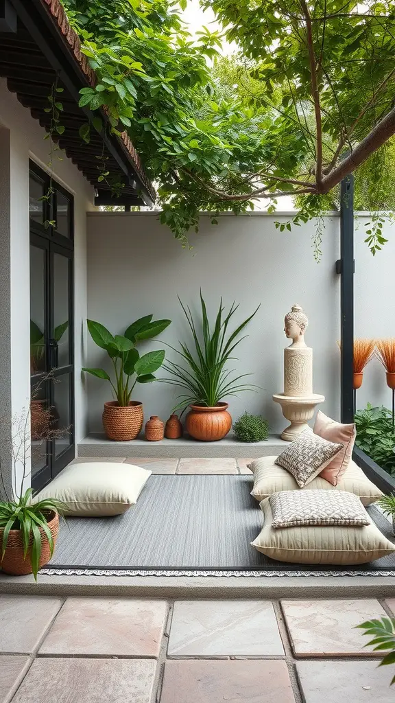 17 Creative Small Apartment Patio Ideas You’ll Love 16 A serene small apartment patio designed as a Zen meditation space with cushions, plants, and a statue.