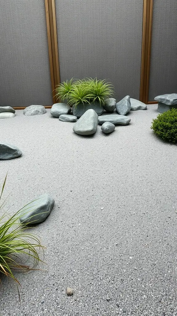 19 Creative Rock Landscaping Ideas for a Stunning Outdoor Space 9 A Zen rock garden featuring smooth stones and green plants on a gravel surface.